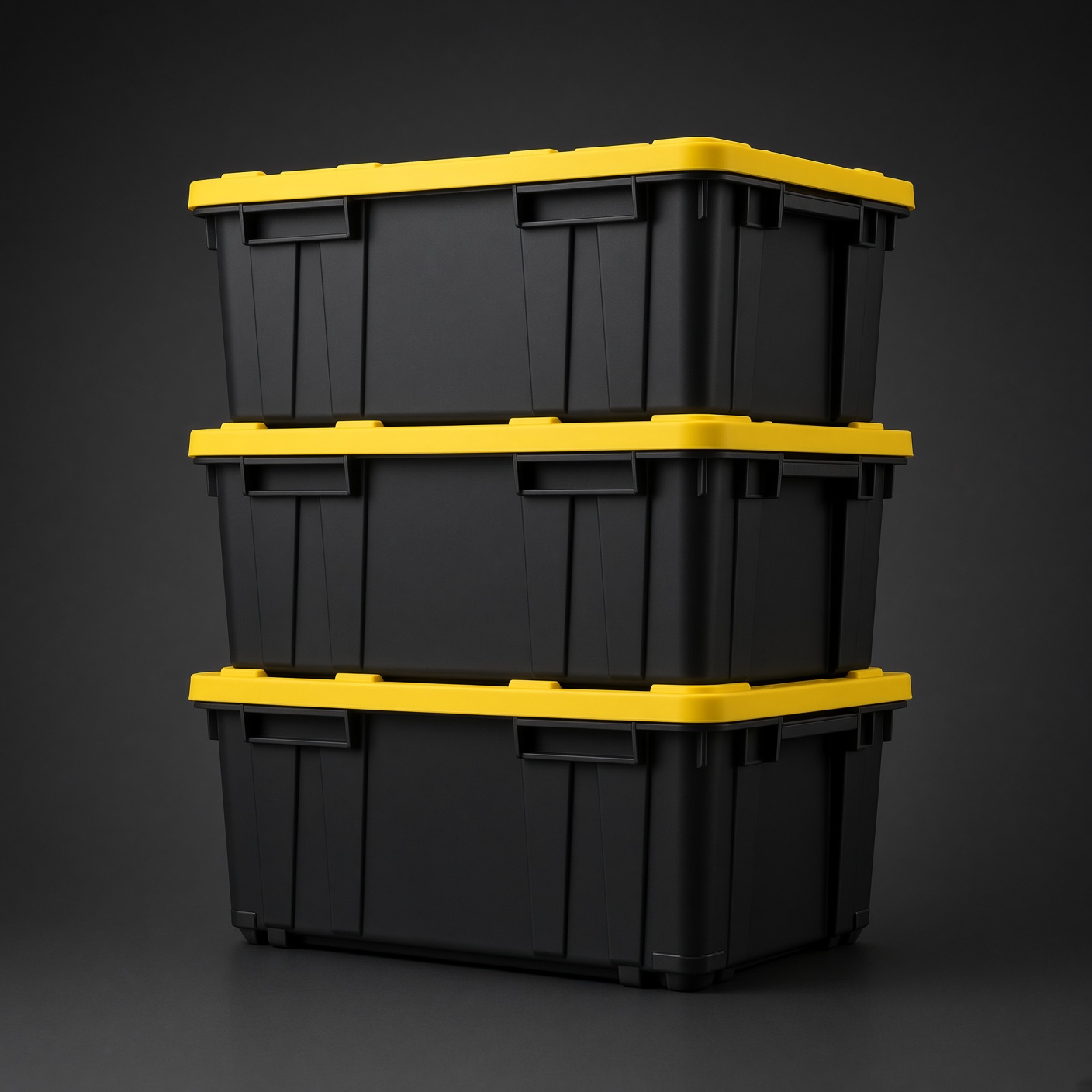 Stack of black 27-gallon moving totes with yellow lids